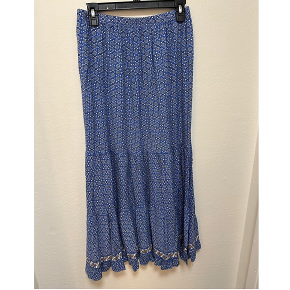 MAX Studio London Blue Print Maxi Skirt Boho Tiered Ruffle Trim Small - Picture 4 of 7